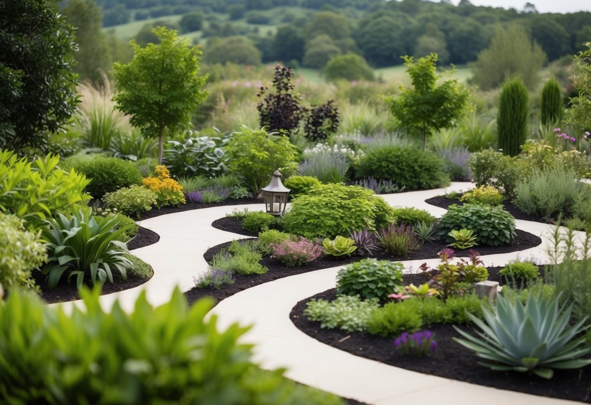 Ein friedlicher Garten mit verschlungenen Wegen, üppigem Grün und einer Vielzahl von Pflanzen, die entspannt und natürlich angeordnet sind, umgeben von einer ruhigen Naturlandschaft