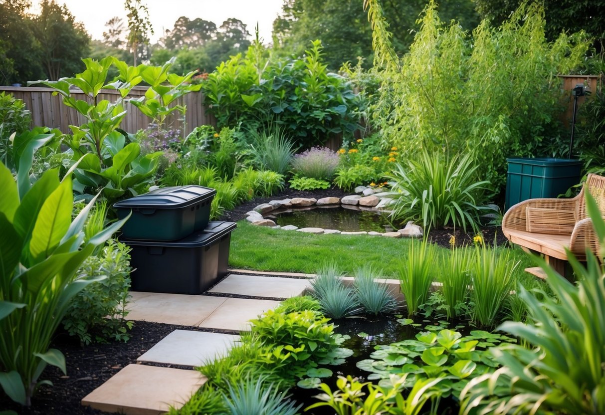 Ein üppiger Garten mit verschiedenen einheimischen Pflanzen, Kompostbehältern und einem Regenwassersammelsystem. Ein kleiner Wildteich und eine gemütliche Sitzecke aus Naturmaterialien