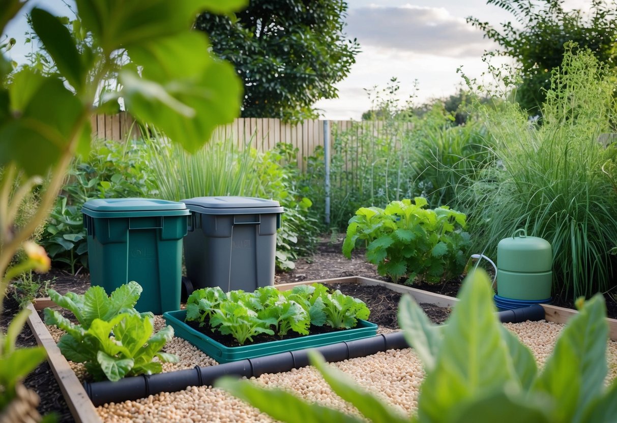 Ein ruhiger Garten mit natürlichen Elementen, Kompostbehältern und einem kleinen Gemüsebeet, umgeben von einheimischen Pflanzen und einem Regenwassersammelsystem