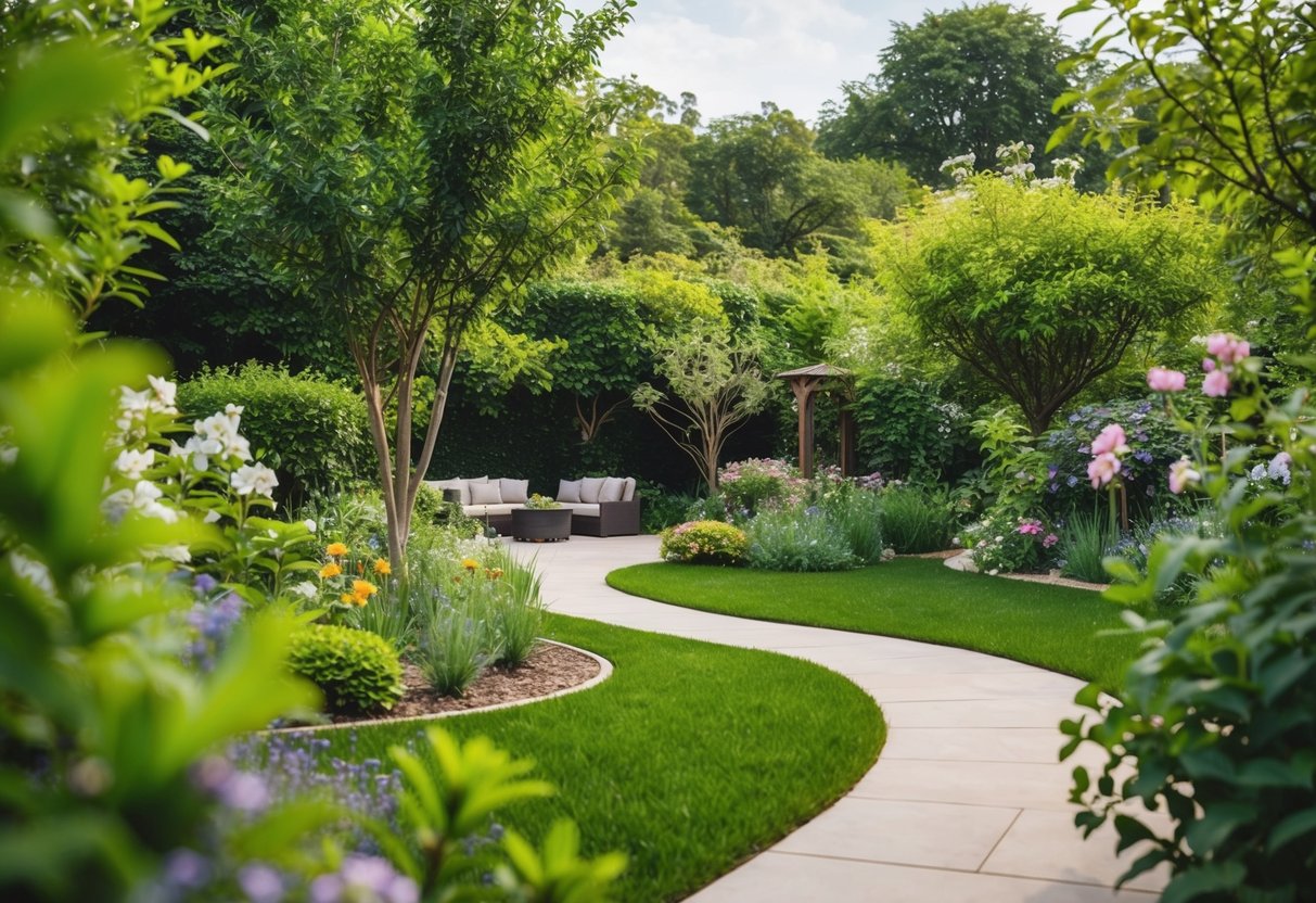 Ein ruhiger Garten mit üppigem Grün, blühenden Blumen und einer friedlichen Atmosphäre. Ein gewundener Weg führt zu einer gemütlichen Sitzecke, umgeben von Natur