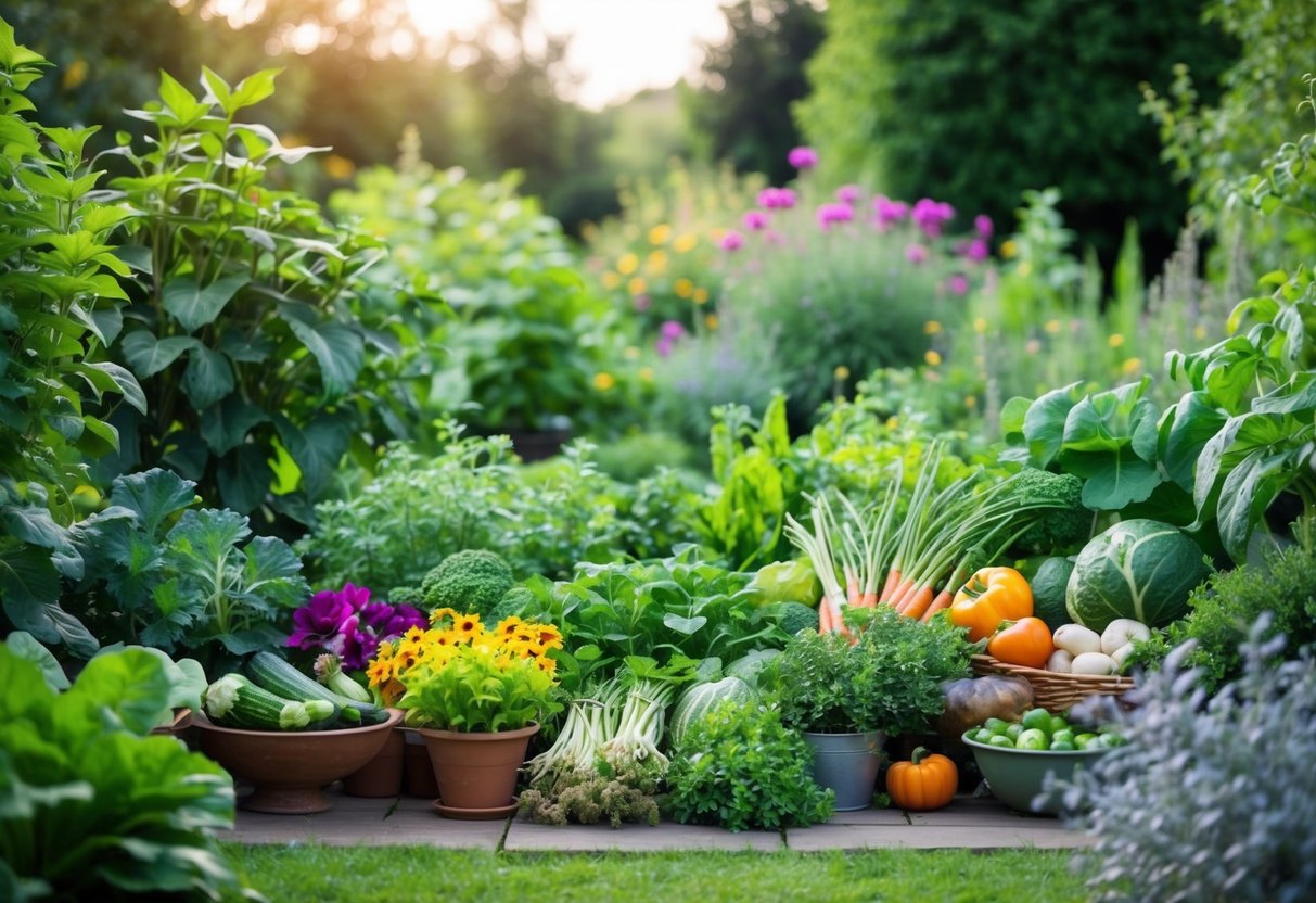 Ein üppiger Garten mit einer Vielzahl von Pflanzen, Blumen und Gemüse, entspannt und natürlich angeordnet, umgeben von einer friedlichen und ruhigen Umgebung