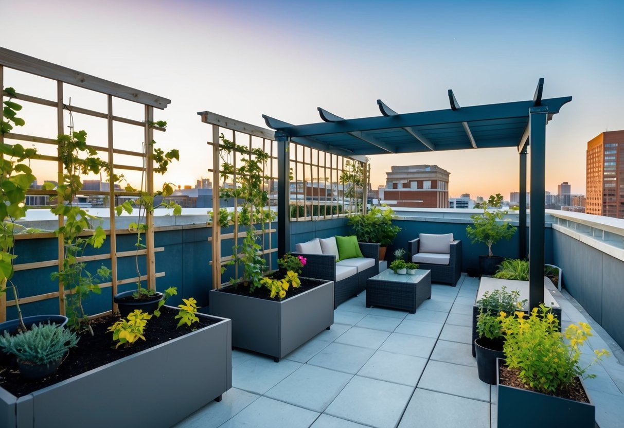 Ein Dachgarten mit Hochbeeten, Spalieren und Topfpflanzen. Eine kleine Sitzecke mit modernen Möbeln und einer Pergola lädt zum gemütlichen Entspannen ein