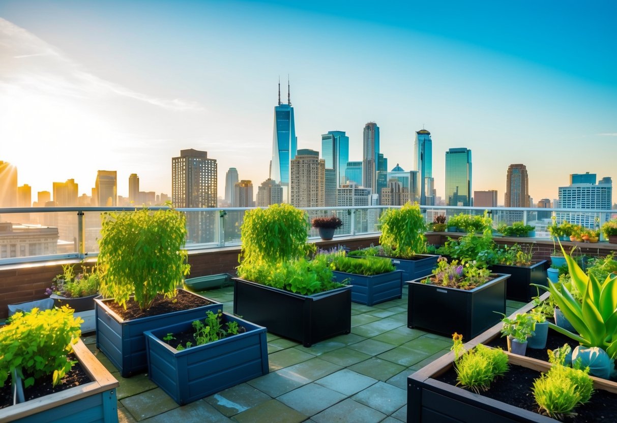 Ein Dachgarten mit Blick auf die Skyline der Stadt bietet üppige grüne Pflanzen, die in verschiedenen Behältern und Hochbeeten wachsen. Die Sonne wirft einen warmen Schein über die urbane Oase