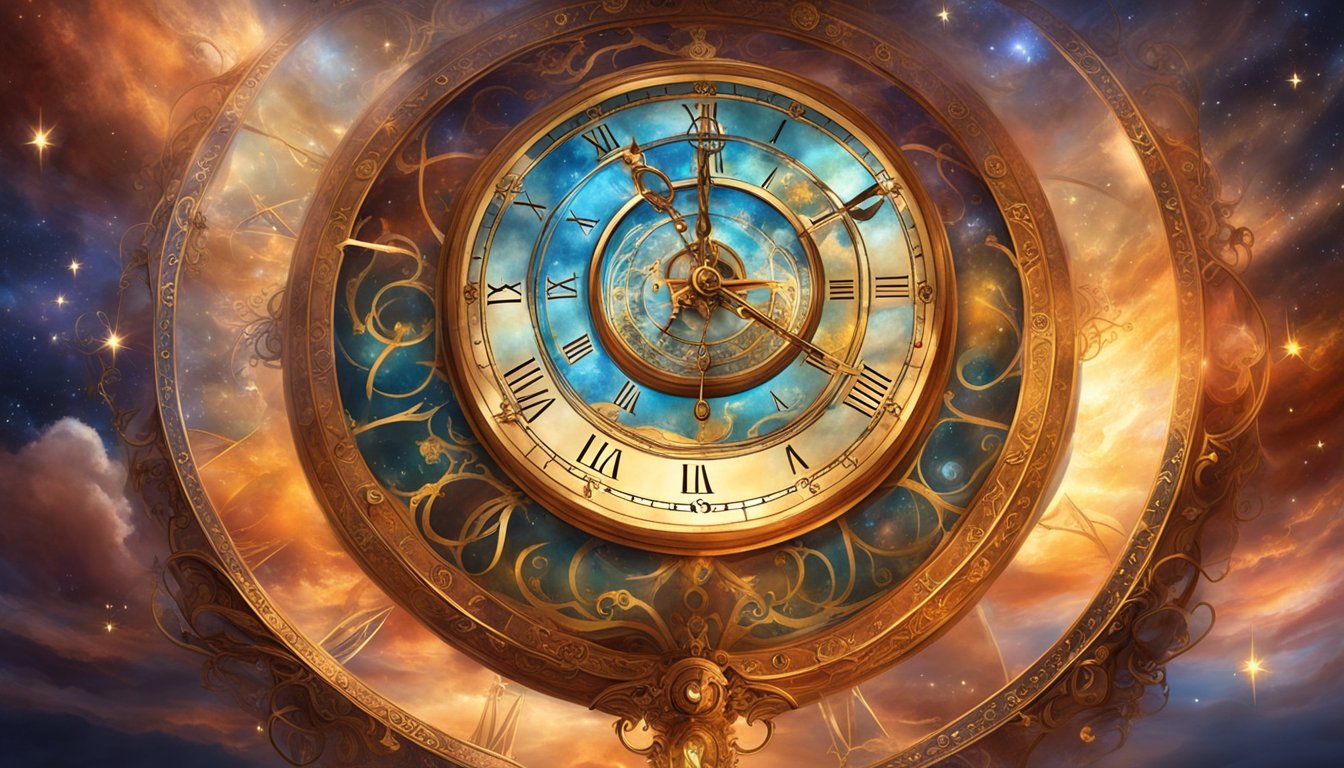 A clock surrounded by various time zones, floating in a dreamlike space with swirling clouds and stars