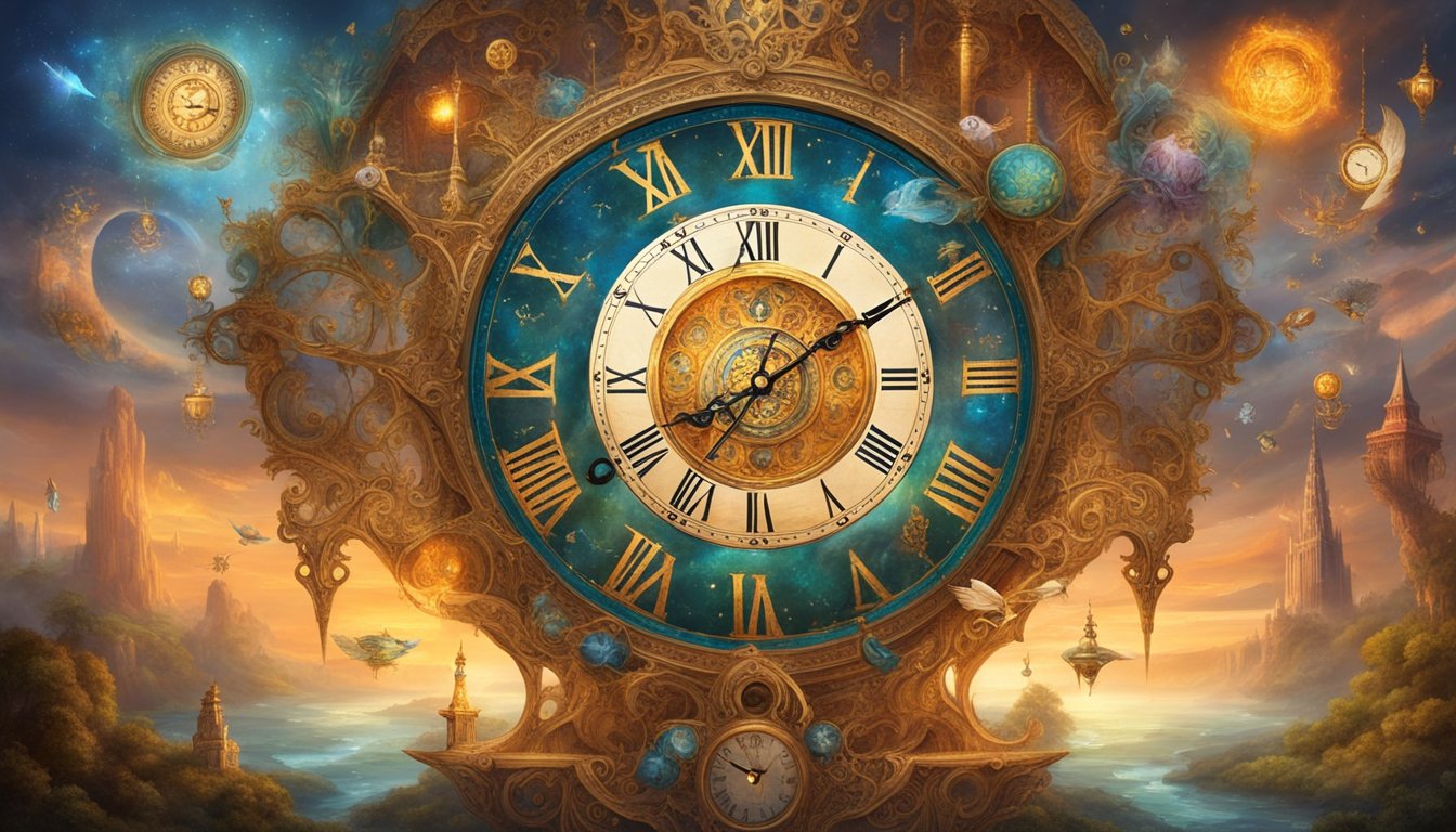 A clock surrounded by various symbols and images representing different dream scenarios and their psychological interpretations