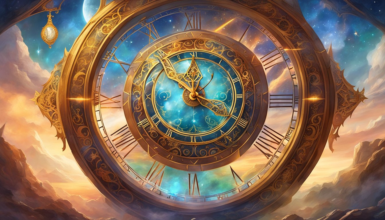 A clock surrounded by various symbols representing different dream scenarios and their interpretations