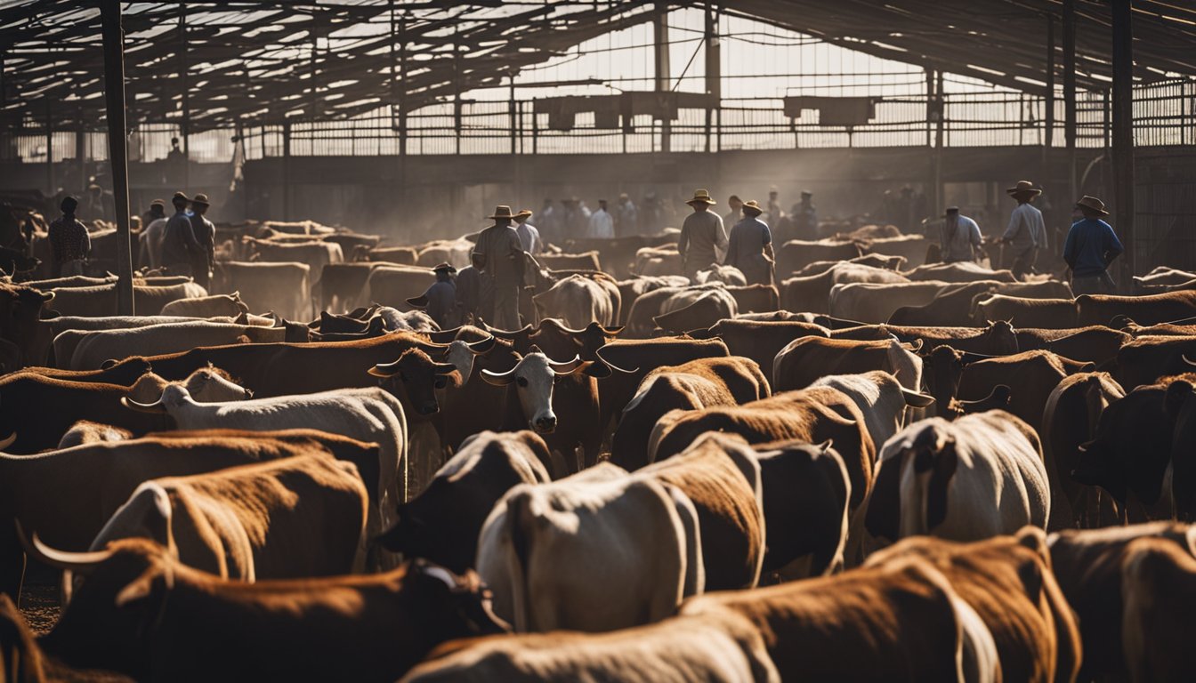 The scene depicts a cattle market with rising price trends for boi gordo in September. Cattle are gathered in pens, while traders and buyers negotiate prices