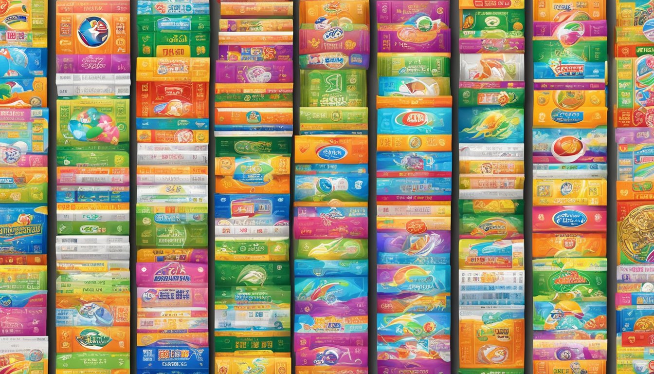 A colorful display of popular sports lottery tickets in Taiwan