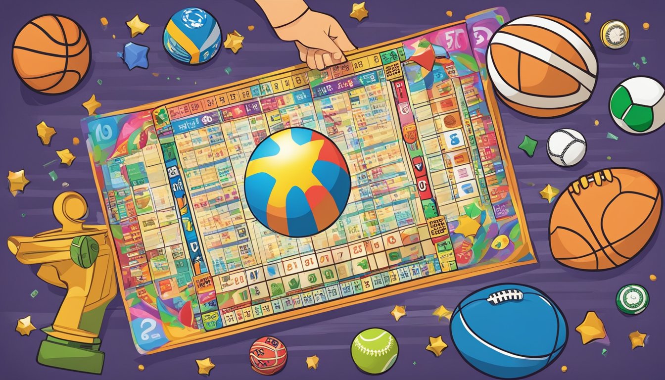 A colorful lottery ticket is being held with a triumphant expression. Surrounding the ticket are various sports symbols and a strategy board