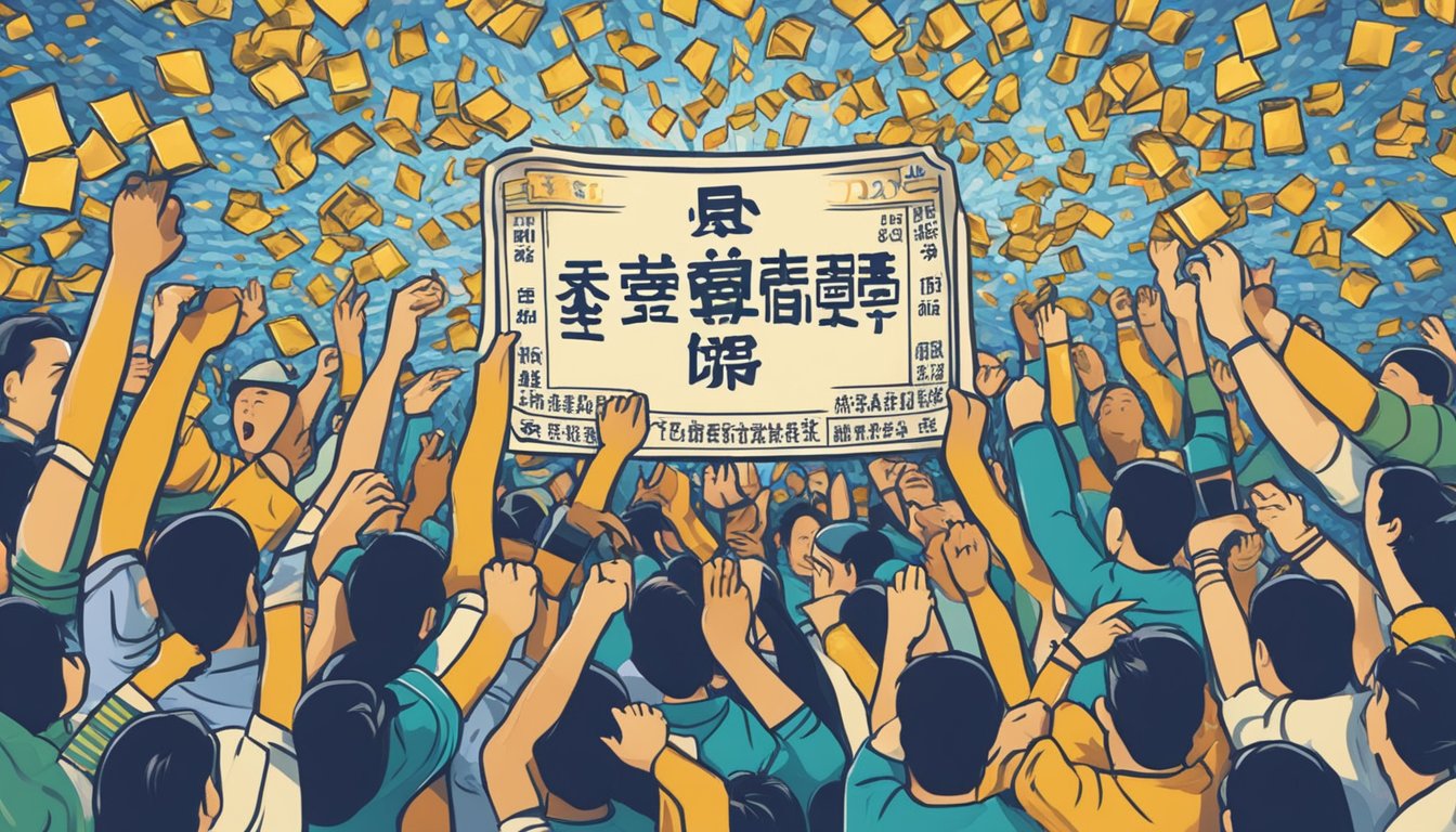 A crowd cheers as a lottery ticket with the words "成功故事與名人效應 台灣運動彩券" is revealed. Symbols of luck and victory surround the ticket