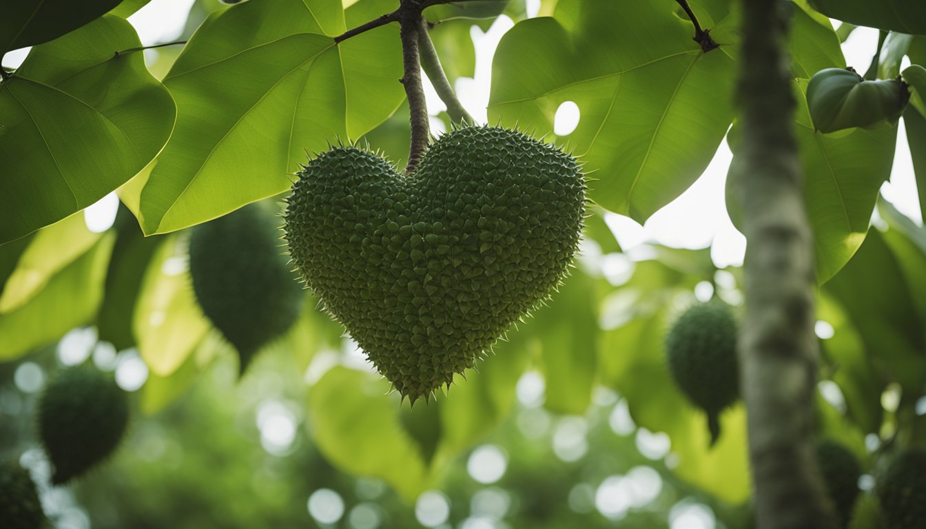 A soursop tree with large, heart-shaped leaves and spiky green fruit hanging from the branches