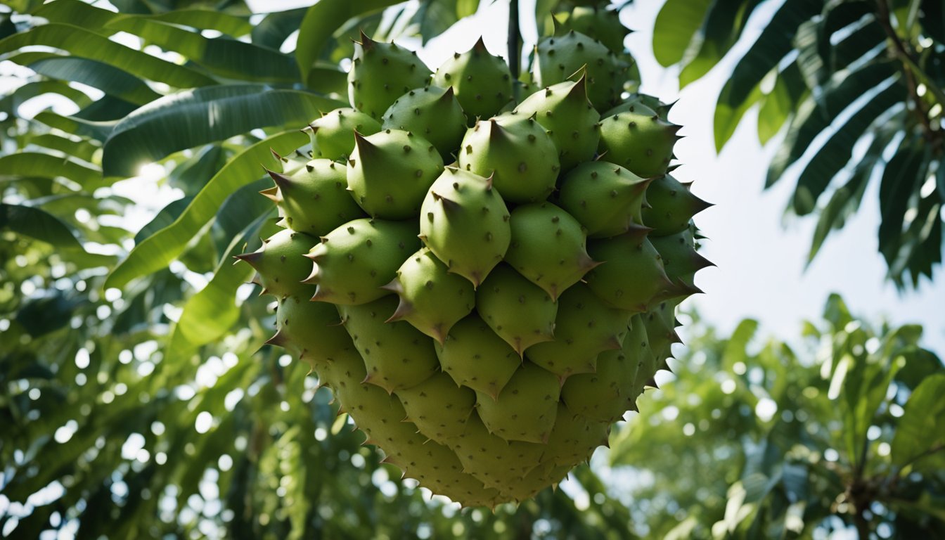 A soursop tree stands tall, its broad leaves casting dappled shadows on the ground. The spiky green fruit hangs from the branches, ready to be picked