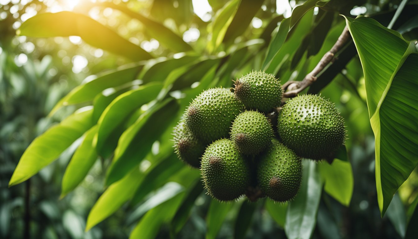 A soursop tree laden with ripe, spiky green fruit stands in a lush tropical jungle, its branches reaching towards the sunlight