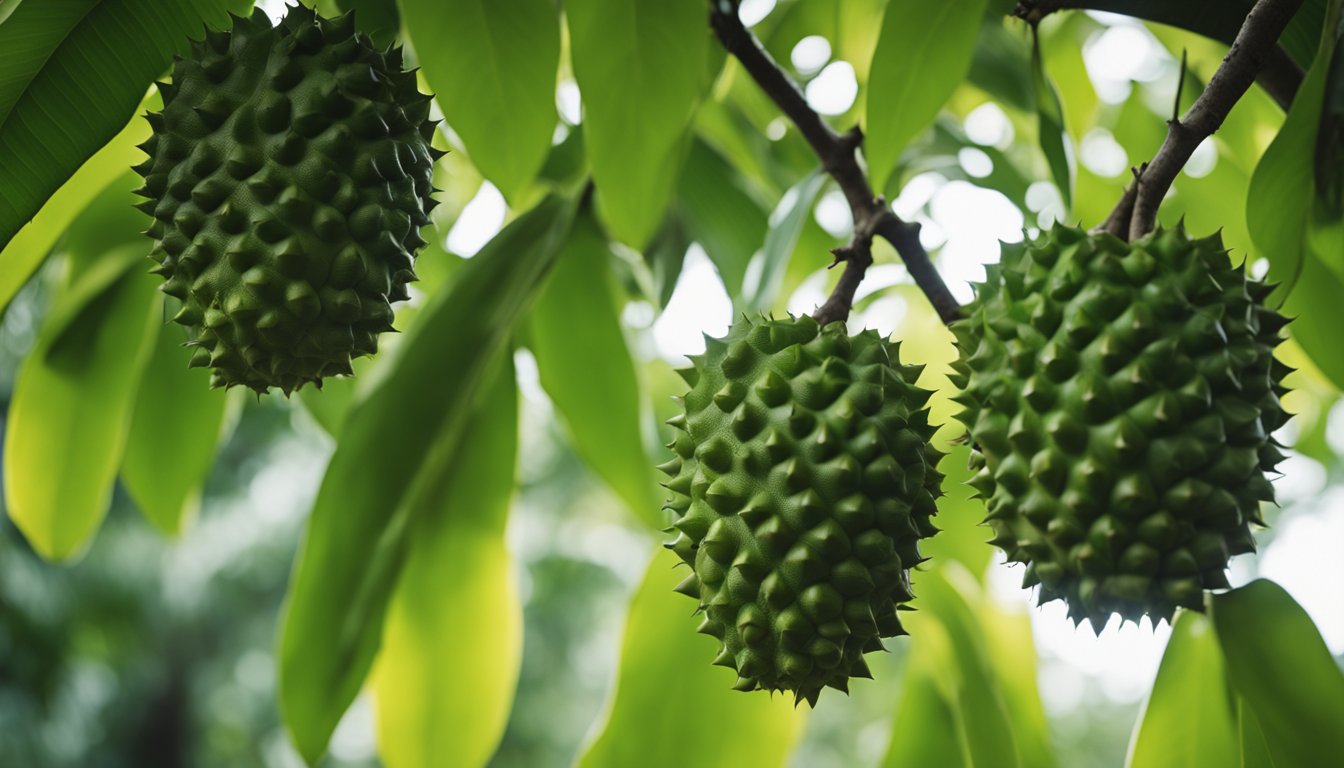 A vibrant soursop tree stands tall, its large, heart-shaped leaves swaying gently in the breeze. The spiky green fruit hangs from the branches, waiting to be plucked