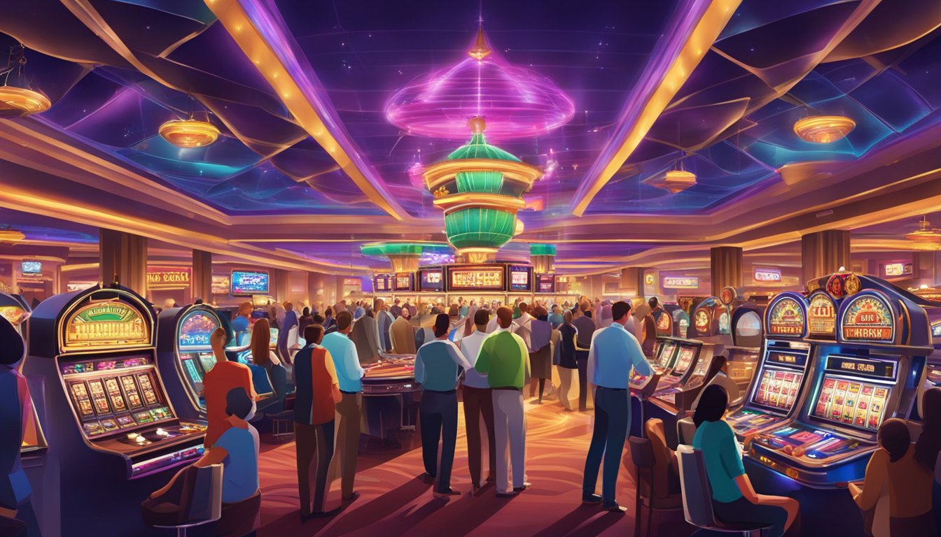 A bustling casino with colorful lights, rows of slot machines, and card tables filled with players and dealers. The atmosphere is lively and energetic