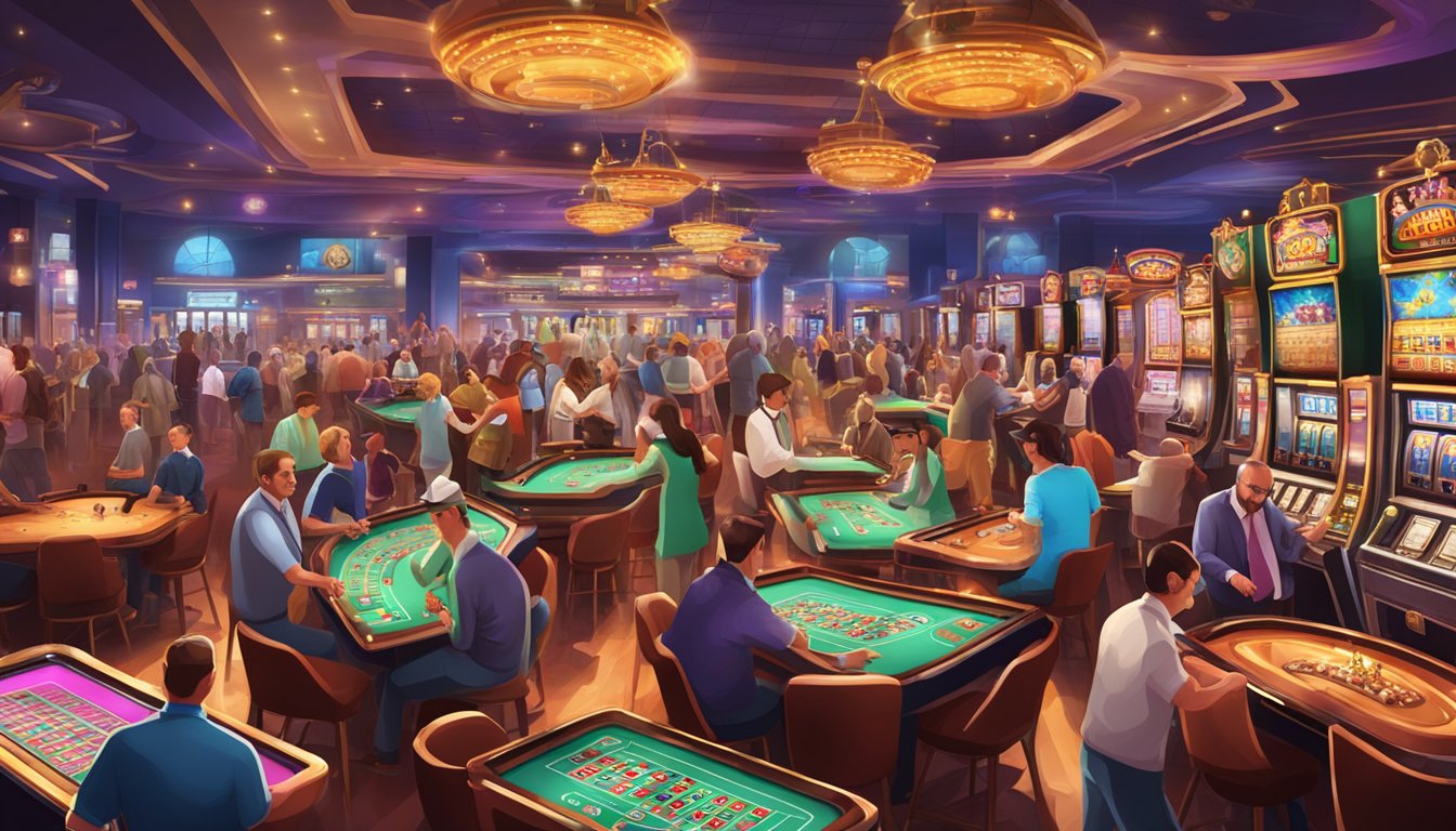 A bustling casino with colorful slot machines, card tables, and a lively crowd of patrons enjoying various games of chance and entertainment