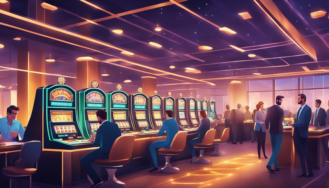 A bustling casino with bright lights, slot machines, and card tables. Agents discussing marketing strategies in a sleek, modern office