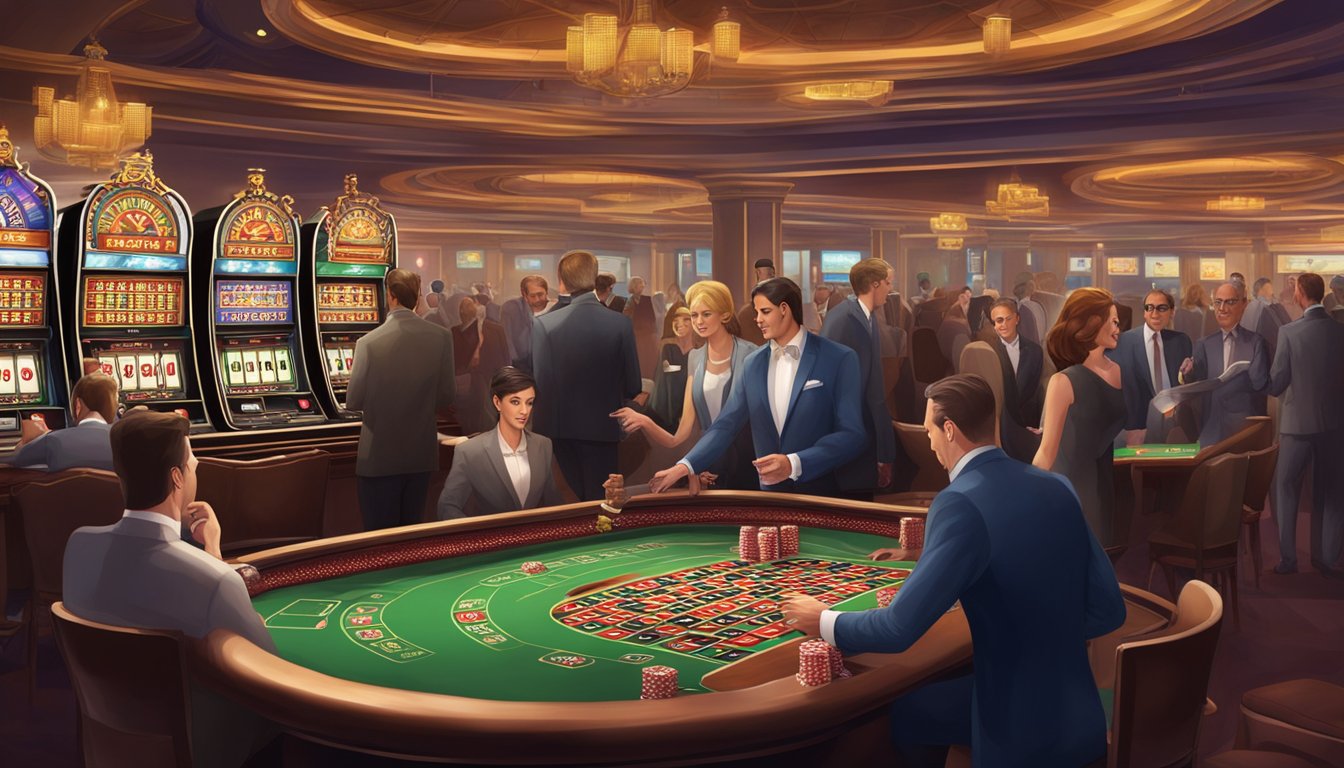 A bustling casino with agents assisting and serving customers. The atmosphere is lively with various games and entertainment options available