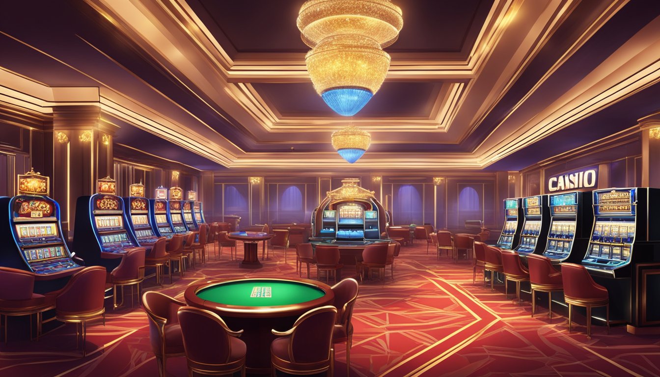 An elegant casino interior with financial management elements integrated into the decor. Bright lights and luxurious furnishings create a sophisticated atmosphere