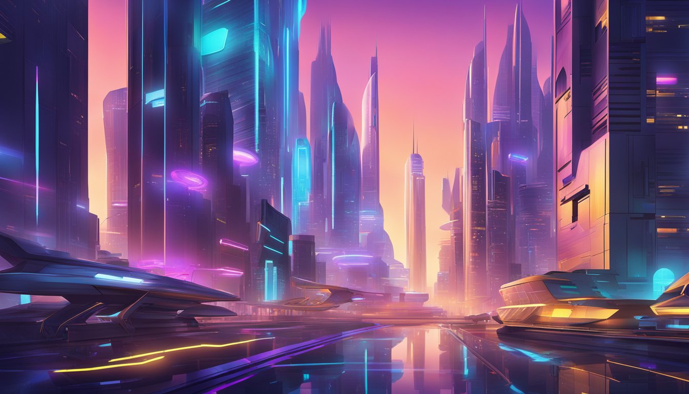 A futuristic cityscape with sleek, modern buildings and neon lights, surrounded by advanced technology and innovative gadgets