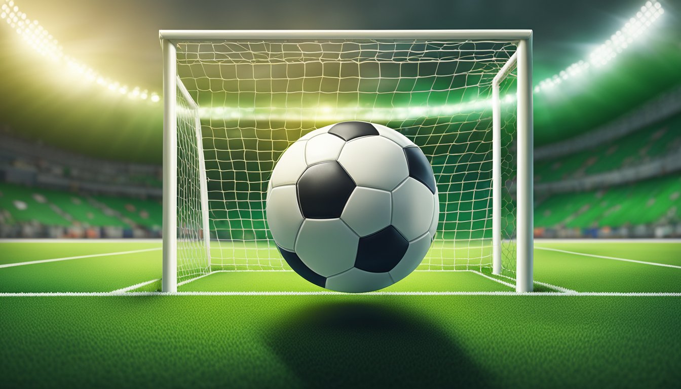 A soccer ball resting on a green field, surrounded by goal posts and a cheering crowd in the background