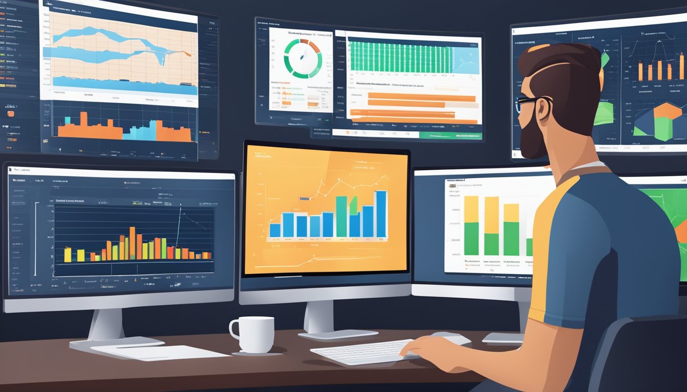 A person analyzing data and statistics for soccer betting. Multiple charts and graphs displayed on a computer screen