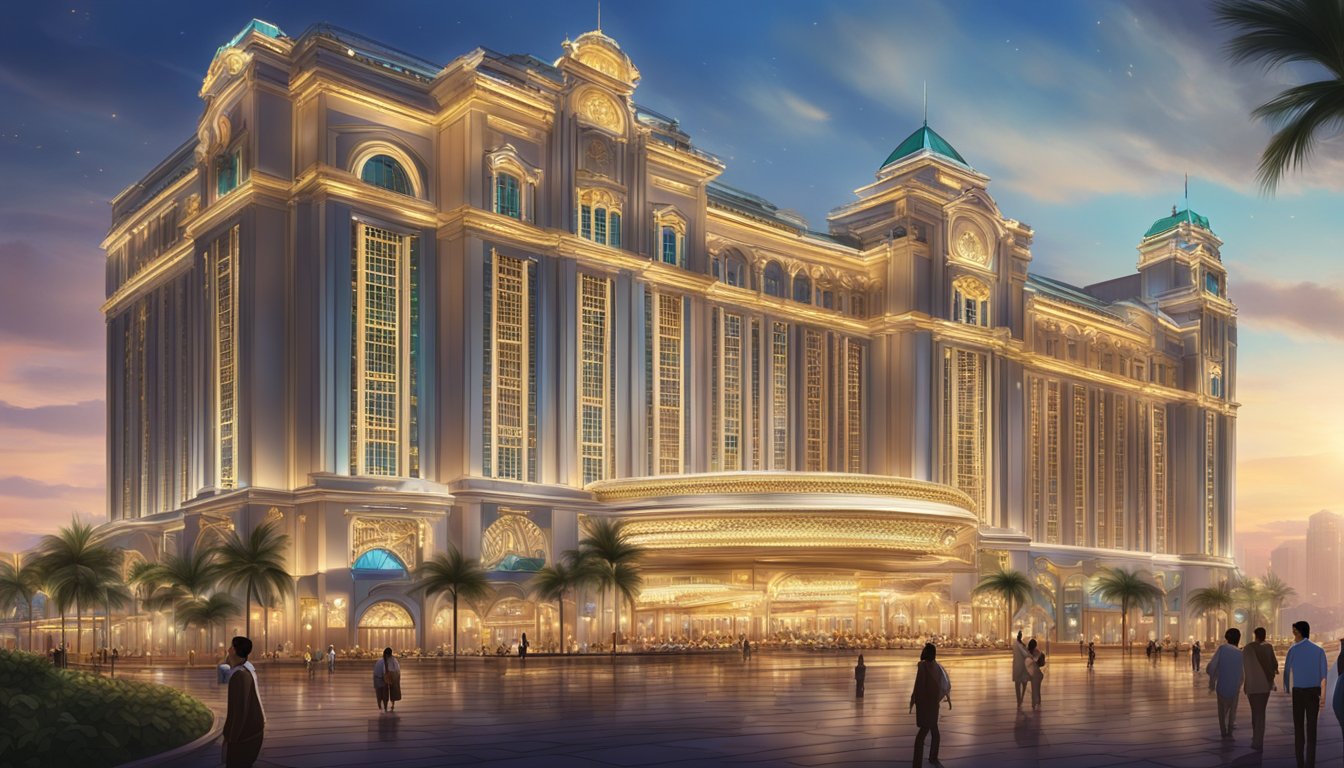 A grand casino hotel in Macau, with dazzling lights, elegant architecture, and bustling crowds