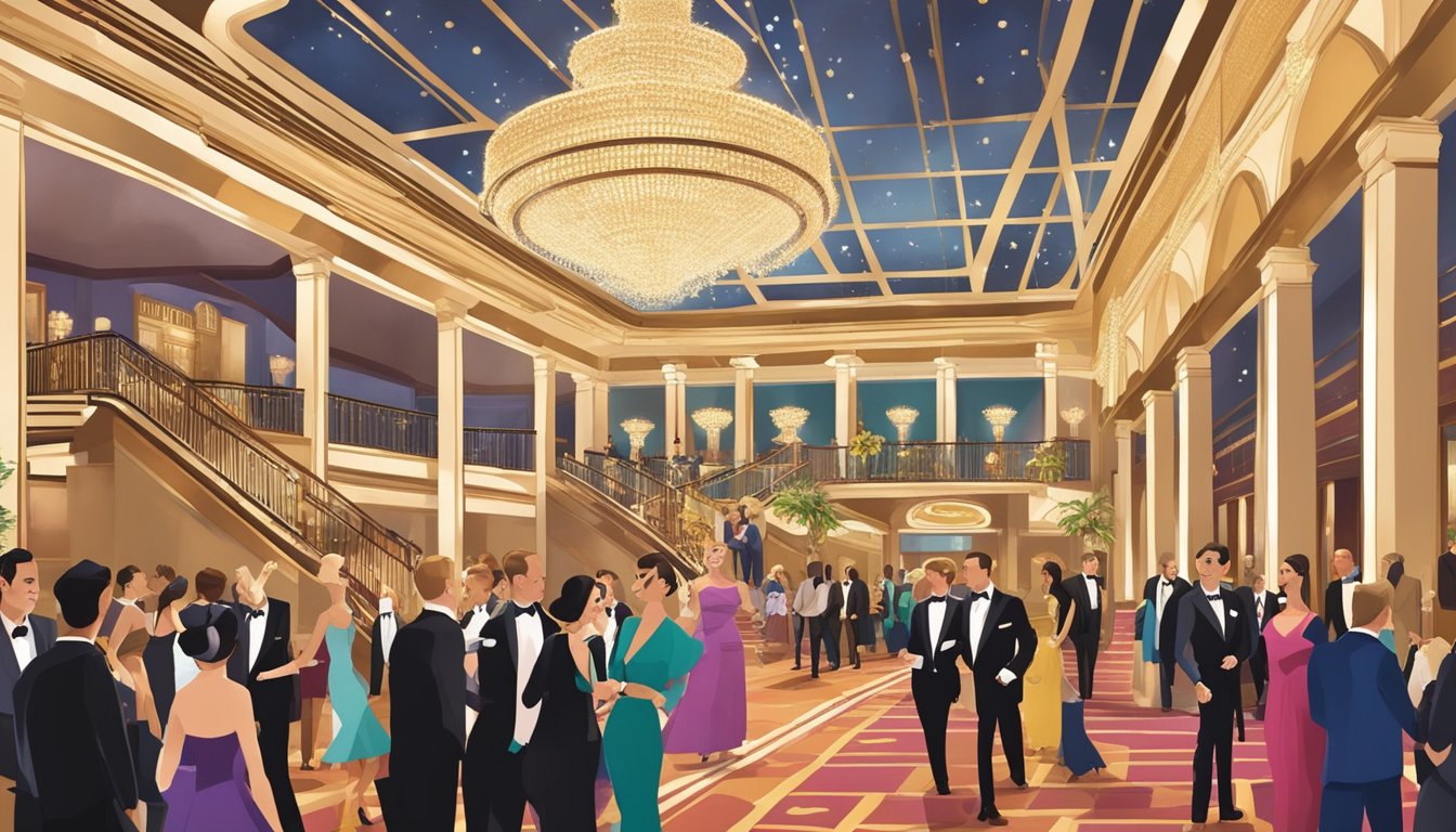 A bustling casino hotel lobby with elegant decor, glittering chandeliers, and a grand staircase. Guests are dressed in formal attire, and the atmosphere is filled with excitement and anticipation