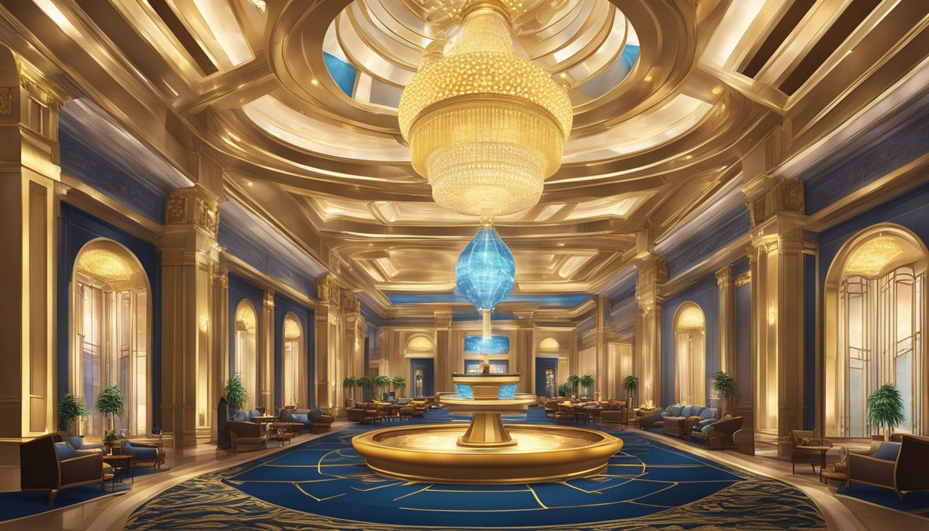 A luxurious casino hotel in Macau, with grand architecture, glitzy lights, and bustling activity. The opulent interior features elegant decor and high-end amenities