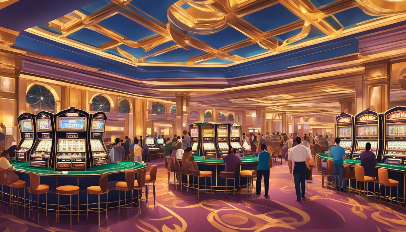 A bustling casino hotel in Macau, with bright lights, slot machines, and card tables. The hotel lobby is filled with guests and staff, creating a lively and energetic atmosphere