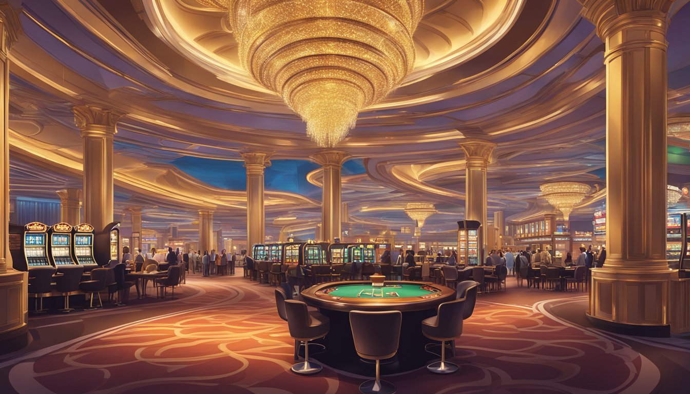 A bustling Macau casino hotel with bright lights, slot machines, and card tables, surrounded by luxury accommodations and entertainment venues