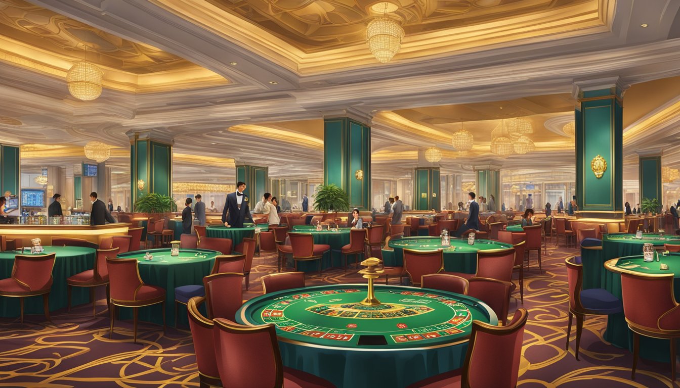 A bustling casino hotel in Macau, with elegant dining options and a vibrant atmosphere. The hotel's grand architecture and luxurious decor exude opulence and excitement