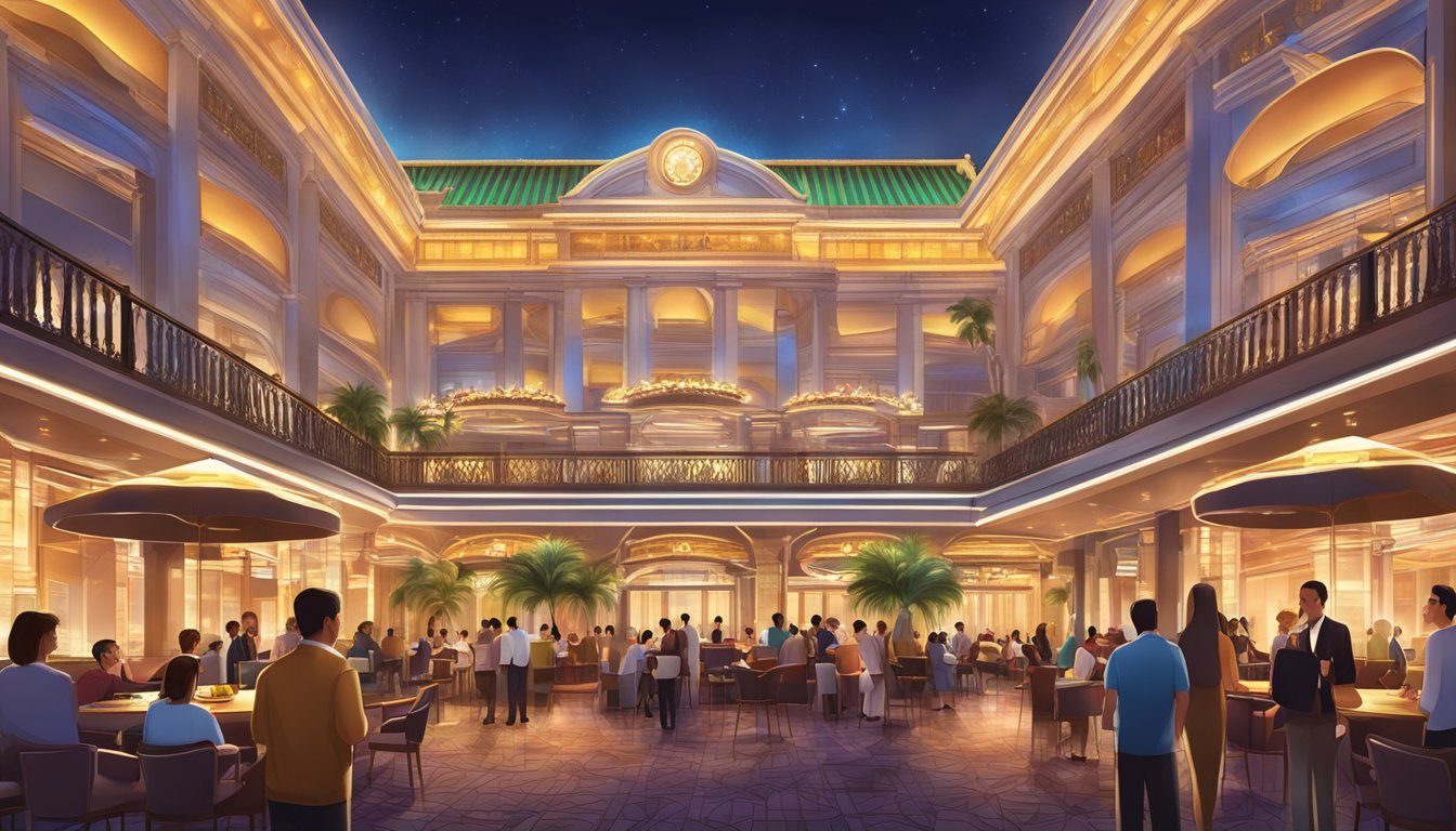 A bustling casino hotel in Macau, with bright lights, luxurious decor, and a lively atmosphere