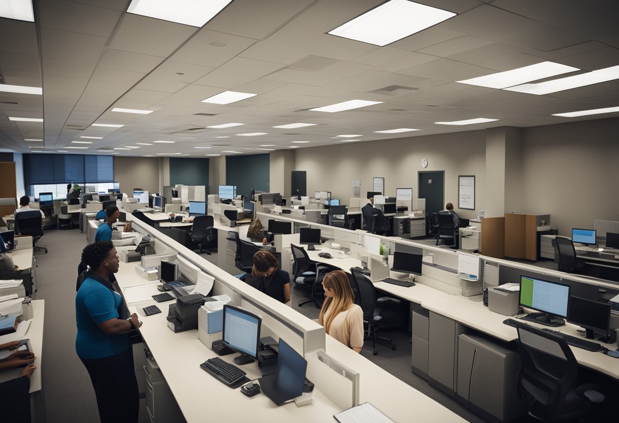 A busy office with people lining up to declare assets at the Federal Revenue Service. Desks, forms, and officials processing paperwork