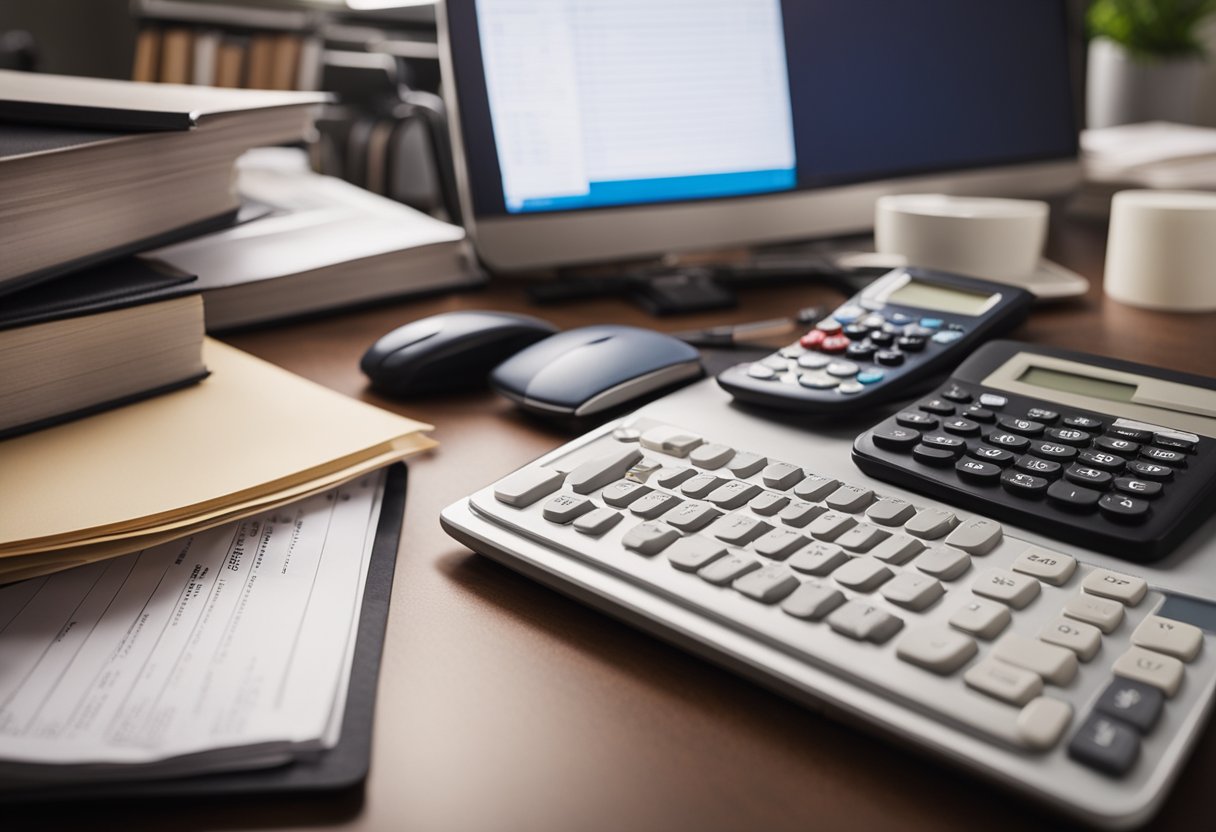 A cluttered desk with tax documents, a computer, and a calculator. A person's hand signs paperwork. A bookshelf filled with legal and financial books in the background