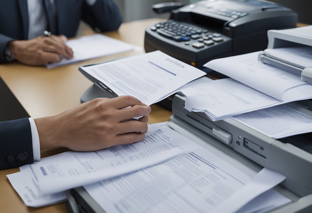 A person completing paperwork at a desk with various documents, a computer, and a printer in a government office for federal asset inventory