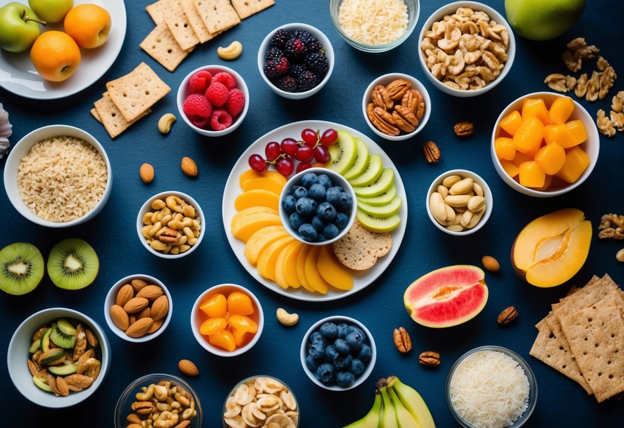 A table spread with various gluten-free and dairy-free snacks, including fruits, nuts, and rice cakes