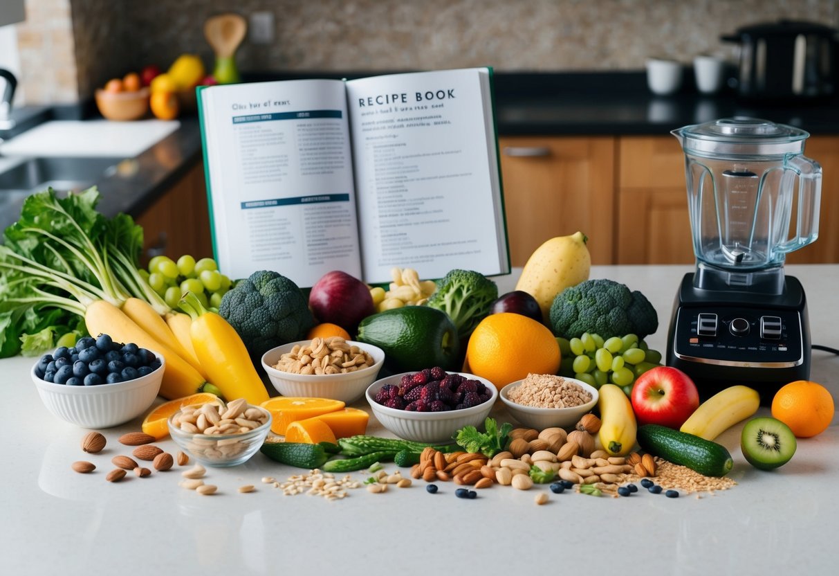 A kitchen counter with an assortment of colorful fruits, vegetables, nuts, and seeds. A recipe book open to a page with gluten-free and dairy-free snack ideas. A blender and mixing bowls nearby