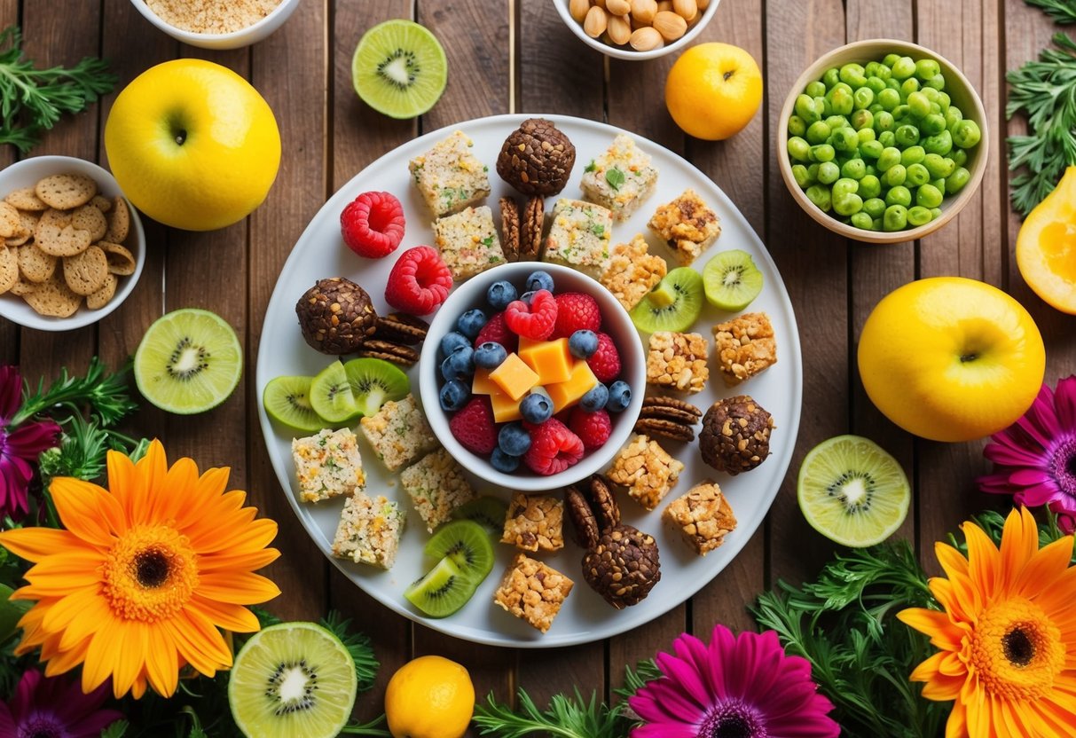 A colorful array of gluten-free and dairy-free snacks arranged on a wooden table, surrounded by fresh fruits and vibrant flowers. The scene exudes a sense of health and vitality