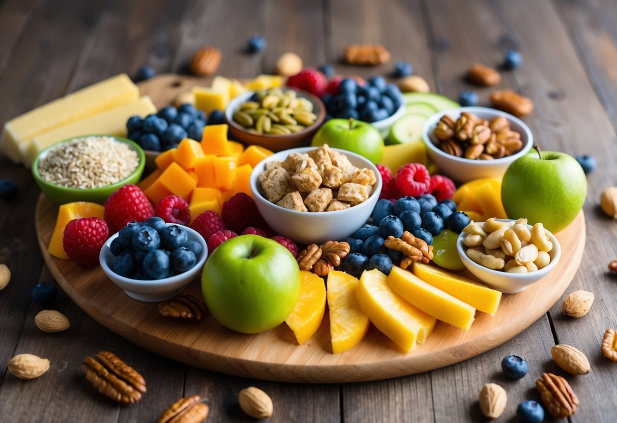 A colorful array of gluten-free and dairy-free snacks arranged on a wooden cutting board, with fresh fruits and nuts scattered around for added visual appeal