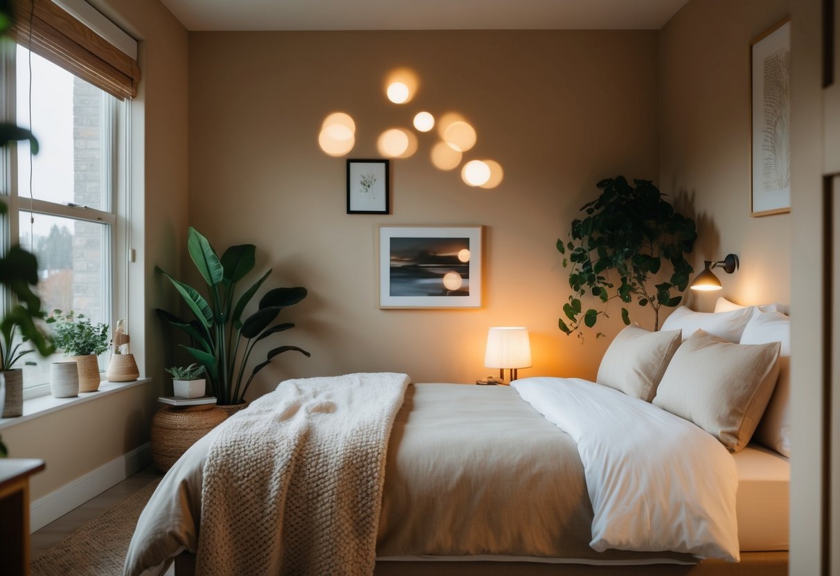 A cozy bedroom with warm lighting, soft bedding, and a comfortable reading nook. Plants and natural elements add a calming atmosphere