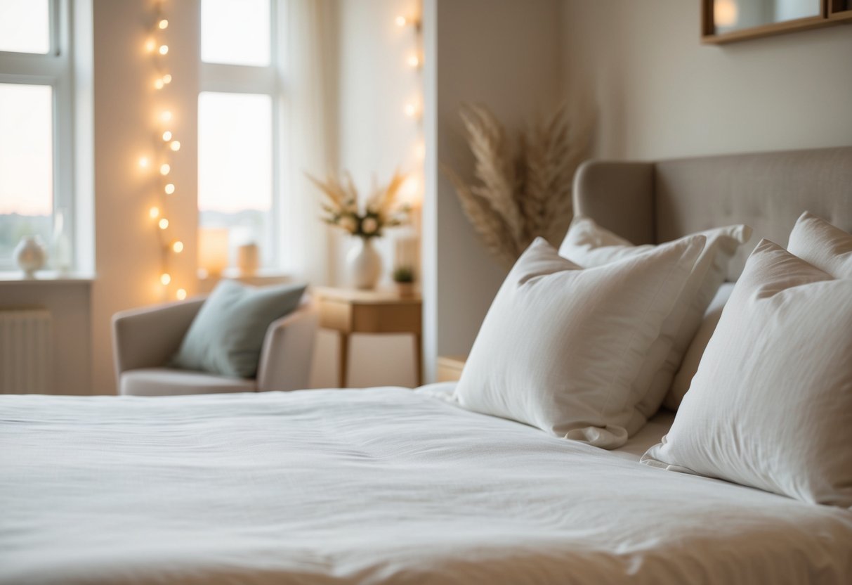 A neatly made bed with soft white linen bedding in a serene bedroom setting, surrounded by calming decor and warm lighting