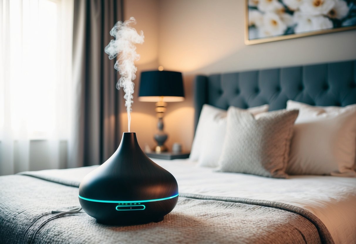 An aromatherapy diffuser emits calming scents in a cozy bedroom with soft lighting, plush bedding, and serene decor