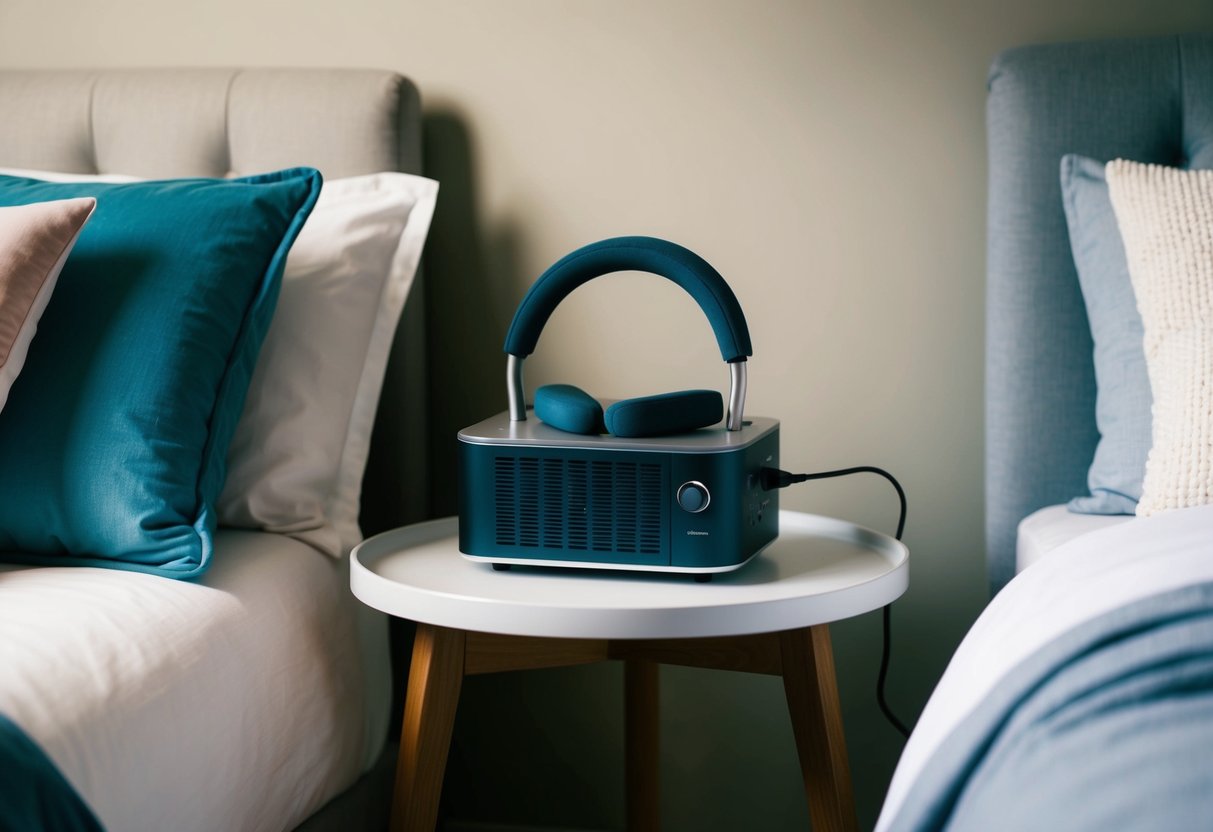 A noise-canceling machine sits on a bedside table in a cozy bedroom with soft lighting and muted colors. A comfortable bed and plush pillows create a relaxing atmosphere