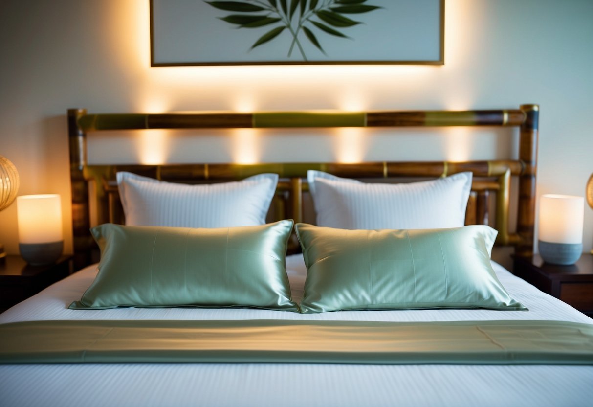 A bed with bamboo silk pillowcases surrounded by calming decor and soft lighting