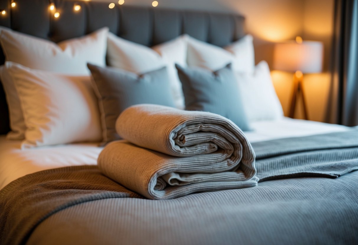 A cozy bedroom with a neatly folded organic cotton throw blanket on a bed surrounded by soft pillows and warm lighting