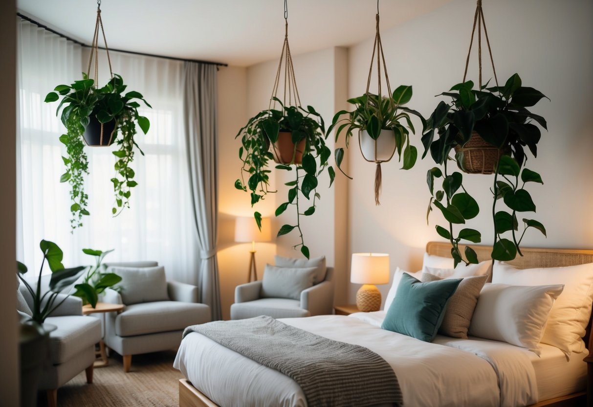 Several indoor hanging plants are arranged in a cozy bedroom, creating a relaxing and inviting atmosphere. The room is filled with soft lighting and comfortable furnishings, providing a tranquil space for rest and relaxation