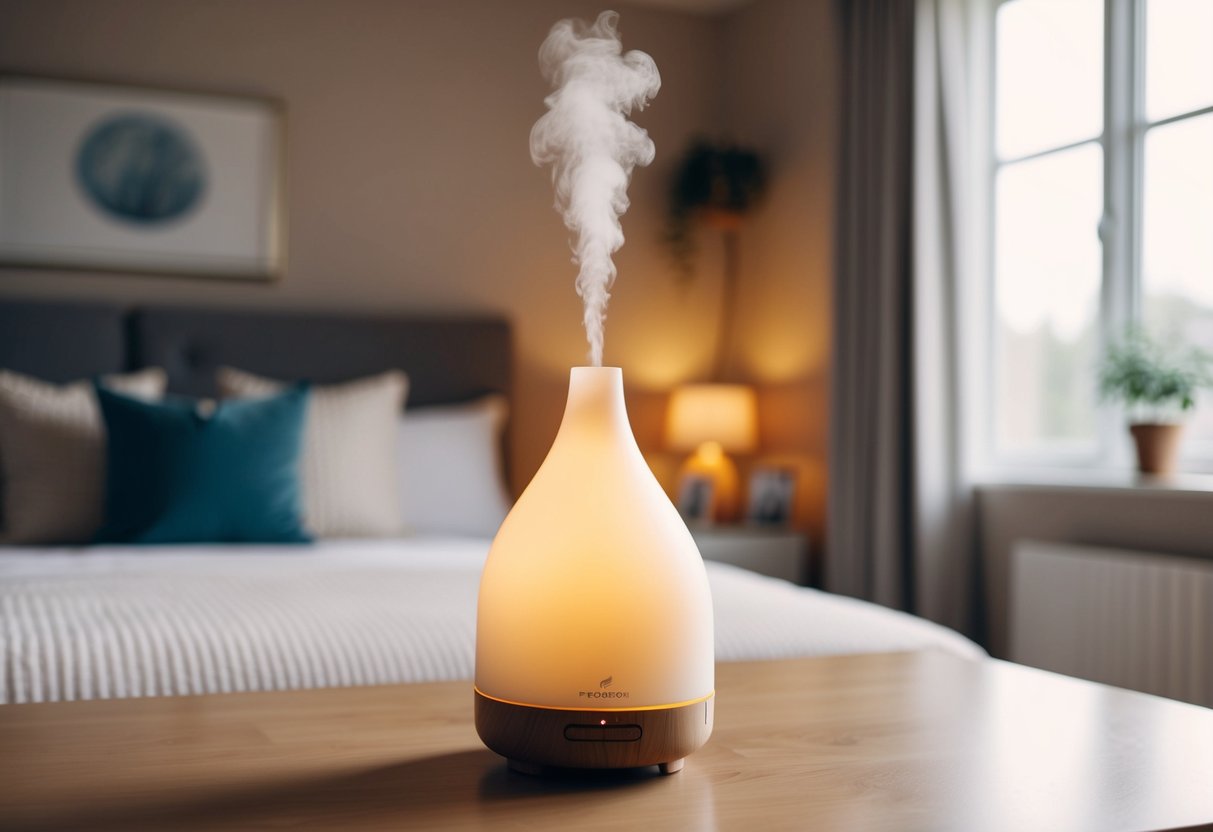 A cozy bedroom with a soft, warm glow from a diffuser emitting essential oils. A comfortable bed, soft lighting, and calming decor create a relaxing atmosphere