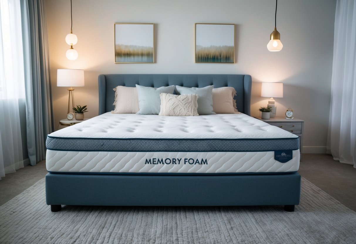 A memory foam mattress sits in a serene bedroom with soft lighting, cozy blankets, and calming decor