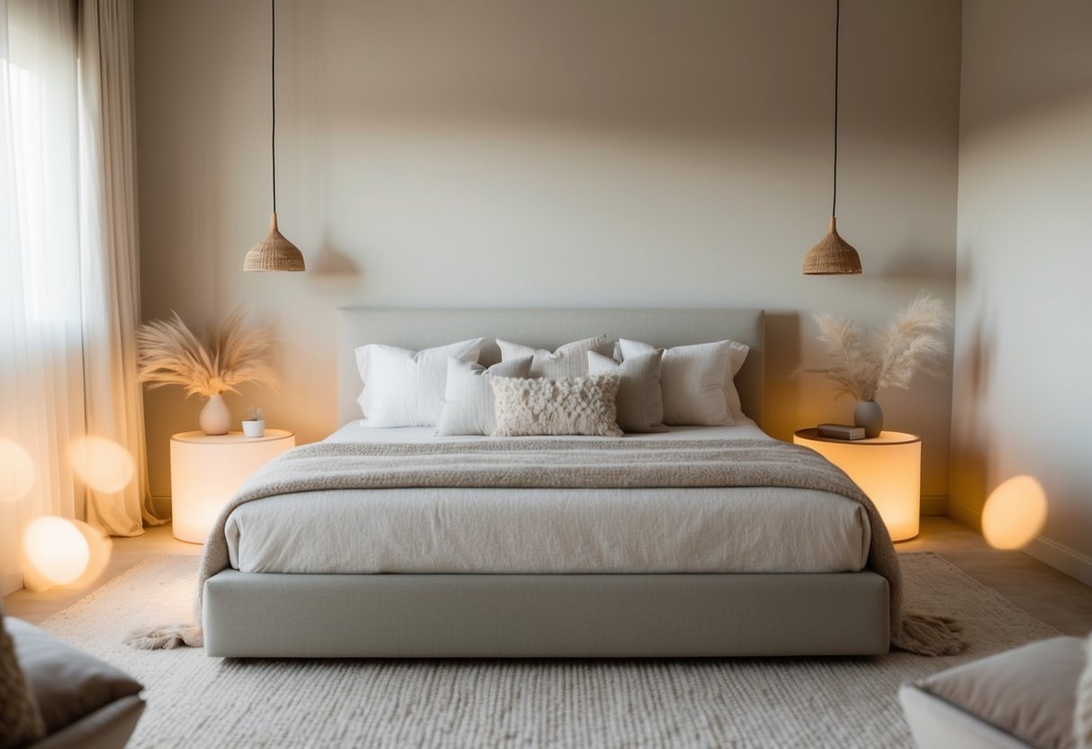 A serene bedroom with minimalistic decor, soft neutral colors, and cozy textiles. A large, comfortable bed sits in the center, surrounded by warm lighting and natural elements